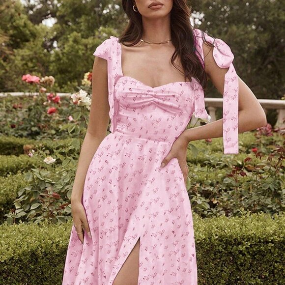 Mauve Purple Casual V-Neck Spaghetti Strap Floral Backless Slit Dress - Picture 2 of 11